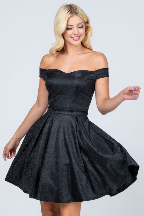 Black Off The Shoulder Skater Dress Jaquard