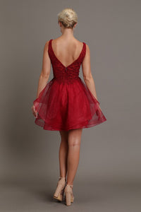 Red Wine Shimmery Beaded Mini Flare Dress