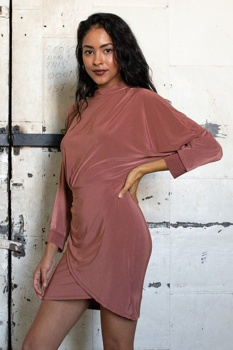 Mauve Mock Neck Long sleeve Midi Dress