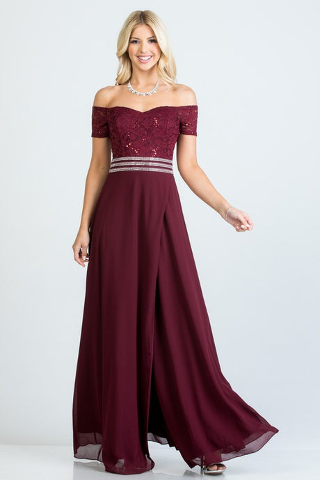 Dark Mauve Off Shoulder Waist Embellished Open Side Gown