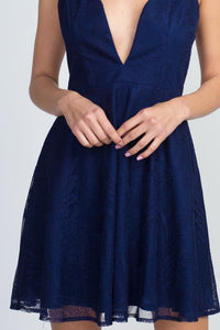 Dark Blue Low Neckline Flare Lace Dress