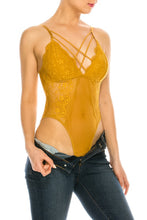 Mustard Yellow Mesh Floral Lace Double Chest Strap Bodysuit