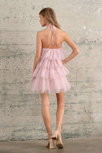Nude Halter Neck Tulle Ruffle Mini Dress
