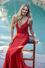 Red Embroidered Bodice Plunging Neck Prom Dress