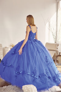 Royal Blue Long Tulle Cape With 3d Flowers Applique Quinceane