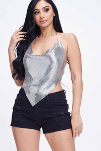 Silver Metal Backless Cowl Neck Crop Top