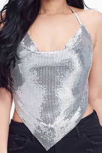 Silver Metal Backless Cowl Neck Crop Top