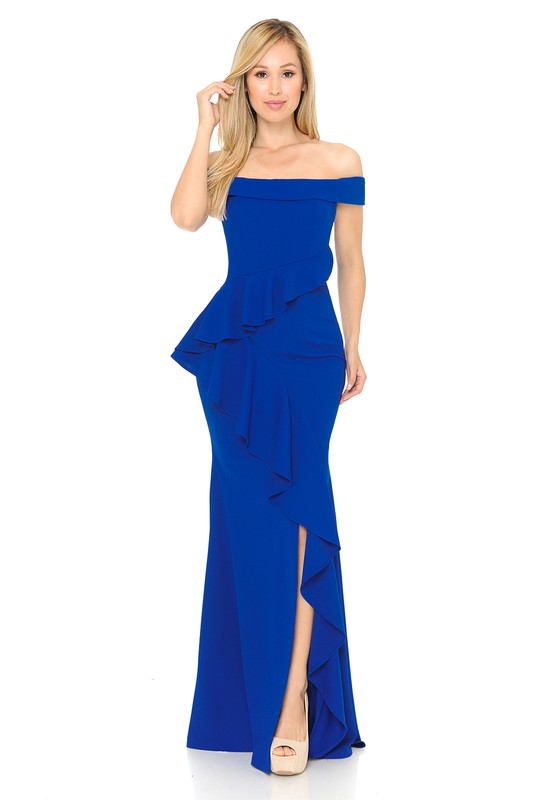 Royal Blue Off Shoulder Ruffled Bodycon Dress With Thigh Slit