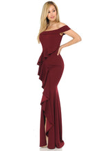 Dark Red Off Shoulder Ruffled Bodycon Dress With Thigh Slit