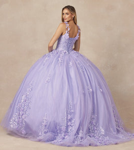 Purple Floral Applique Quinceanera Ball Gown With 3d Flow