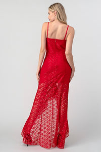 Red Hi Low Lace Ruffle Maxi Dress