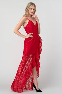 Red Hi Low Lace Ruffle Maxi Dress