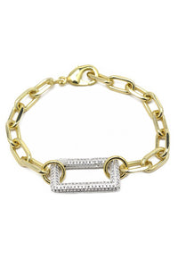 Gold Linked Chain Bracelet with Silver CZ Station
