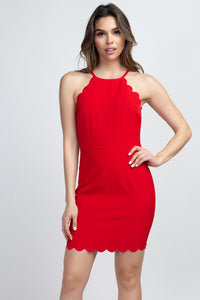 Red Simple Mini Dress With Scallop Hem