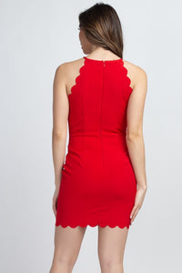Red Simple Mini Dress With Scallop Hem