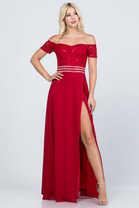 Red Off Shoulder Waist Embellished Open Side Gown