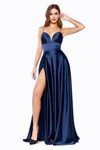 Navy Suspender Slit Satin Dress