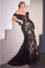 Black Nude Off The Shoulder 3D Applique Floral Gown