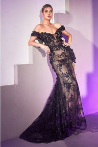 Black Nude Off The Shoulder 3D Applique Floral Gown