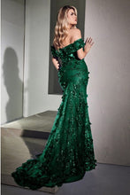 Emerald Off The Shoulder 3d Applique Floral Gown