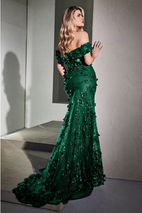 Emerald Off The Shoulder 3d Applique Floral Gown