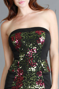 Colorful Metallic Rose Sequin Black Cocktail Dress