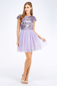 Light Purple Short Sleeve Sequin Top Tulle Dress