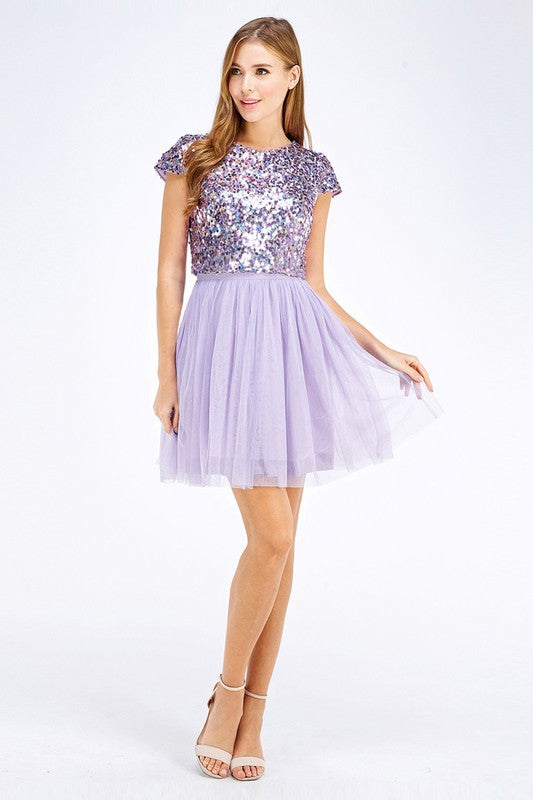 Light Purple Short Sleeve Sequin Top Tulle Dress Aquarius Brand Light Purple Short Sleeve Sequin Top Tulle Dress Aquarius Brand