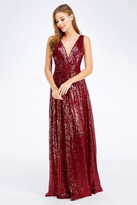 Red Sleeveless V Neck Sequin Maxi