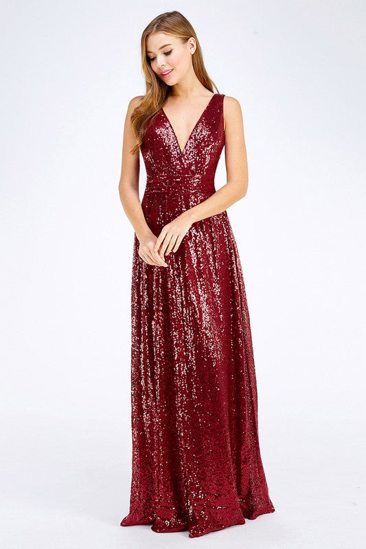 Red Sleeveless V Neck Sequin Maxi