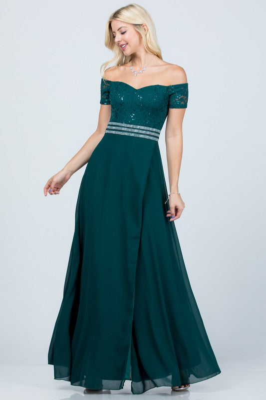 Green Off Shoulder Waist Embellished Open Side Gown