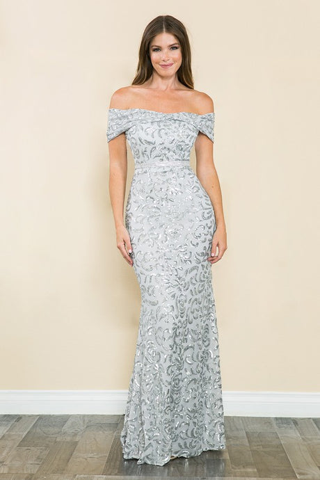Silver Shoulder Sheer Paisley Sequin Formal Dress