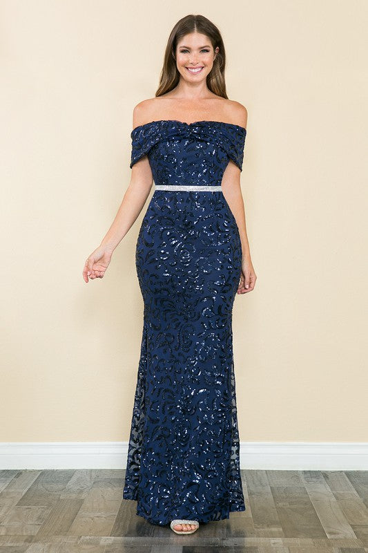 Navy Blue Shoulder Sheer Paisley Sequin Formal Dress Aquarius Brand Navy Blue Shoulder Sheer Paisley Sequin Formal Dress Aquarius Brand