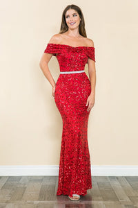 Red Shoulder Sheer Paisley Sequin Formal Dress