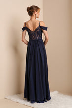 Dark Blue Beautiful Dress With Shoulder Detail And See-through Lace Back With Side Slit