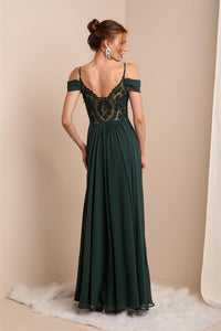 Dark Green Beautiful Dress With Shoulder Detail And See-through Lace Back With Side Slit