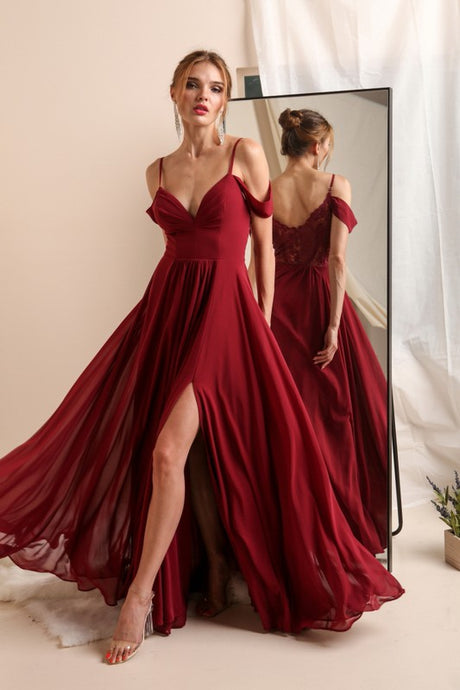 Red Beautiful Dress With Shoulder Detail And See-through Lace Back With Side Slit