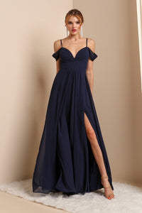 Dark Blue Beautiful Dress With Shoulder Detail And See-through Lace Back With Side Slit