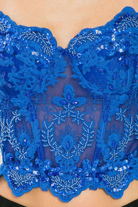 R-Blue Sequins Mesh Corset