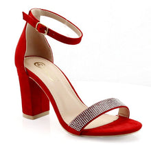 Red Women Rhinestone Ankle Strap Block Heel Sandals