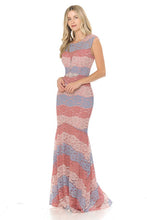 Coral/Blue Sheer Lace Sweetheart Color Block Formal Dress