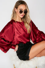 Burgundy Boat Neck Balloon Sleeves Satin Blouse