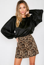 Black Boat Neck Balloon Sleeves Satin Blouse