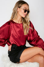 Burgundy Boat Neck Balloon Sleeves Satin Blouse