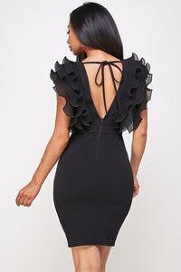 Black Wire Ruffle Sleeveless V-neck Line Dress