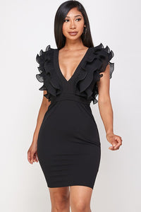 Black Wire Ruffle Sleeveless V-neck Line Dress