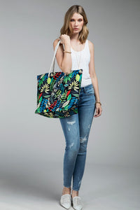 Black Tropical Leaves Print Shoulder Bag