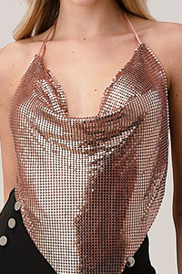 Rose Gold Metal Backless Cowl Neck Crop Top