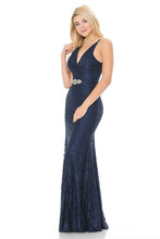 Dark Blue Sheer Lace V-Neck Strap Embellished Formal Dress