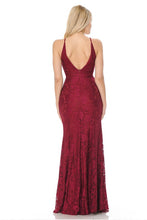 Burgundy Sheer Lace V-Neck Strap Embellished Formal Dress